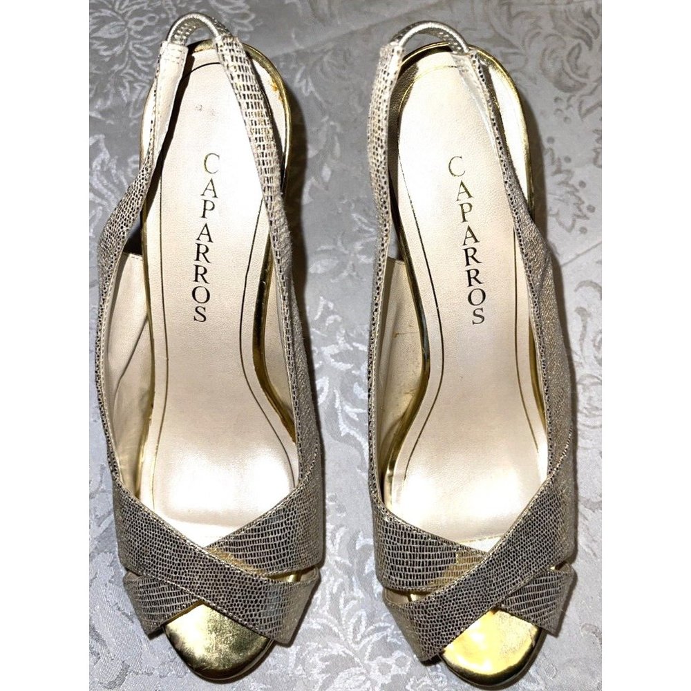 Caparros Women’s heels shoes size 8.5B gold metallic open peep toe sling back